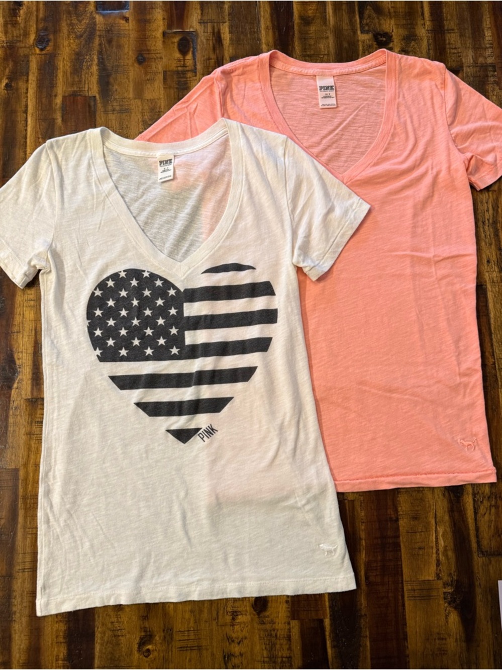 BUNDLE of 2 PINK v-neck sleepwear t-shirts. VS lounge/casual sz S white orange
